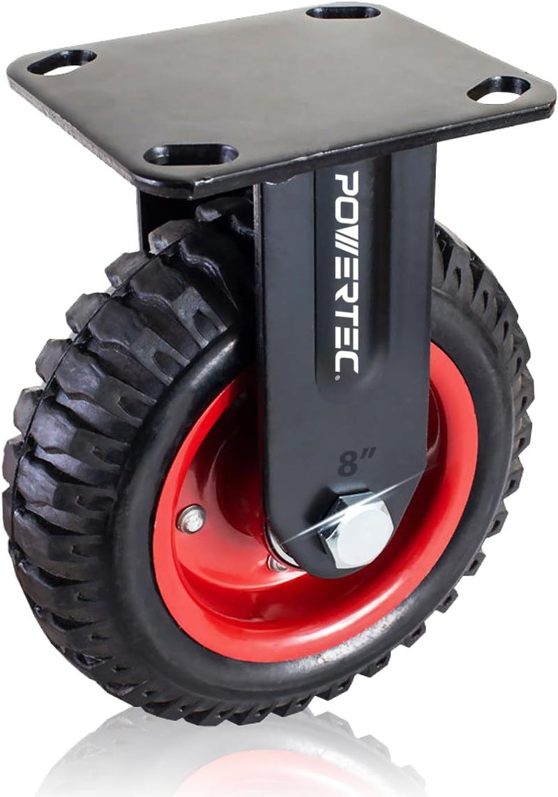 POWERTEC 8 Inch Caster Wheels, Heavy Duty Fixed Plate Casters with Rubber Knobby Tread for Workbench, Dolly, Cart, Trolley, Wagon, Toolbox and Chicken Coop, Large Rubber Castor Wheels, 1PK (17053) - Image 1